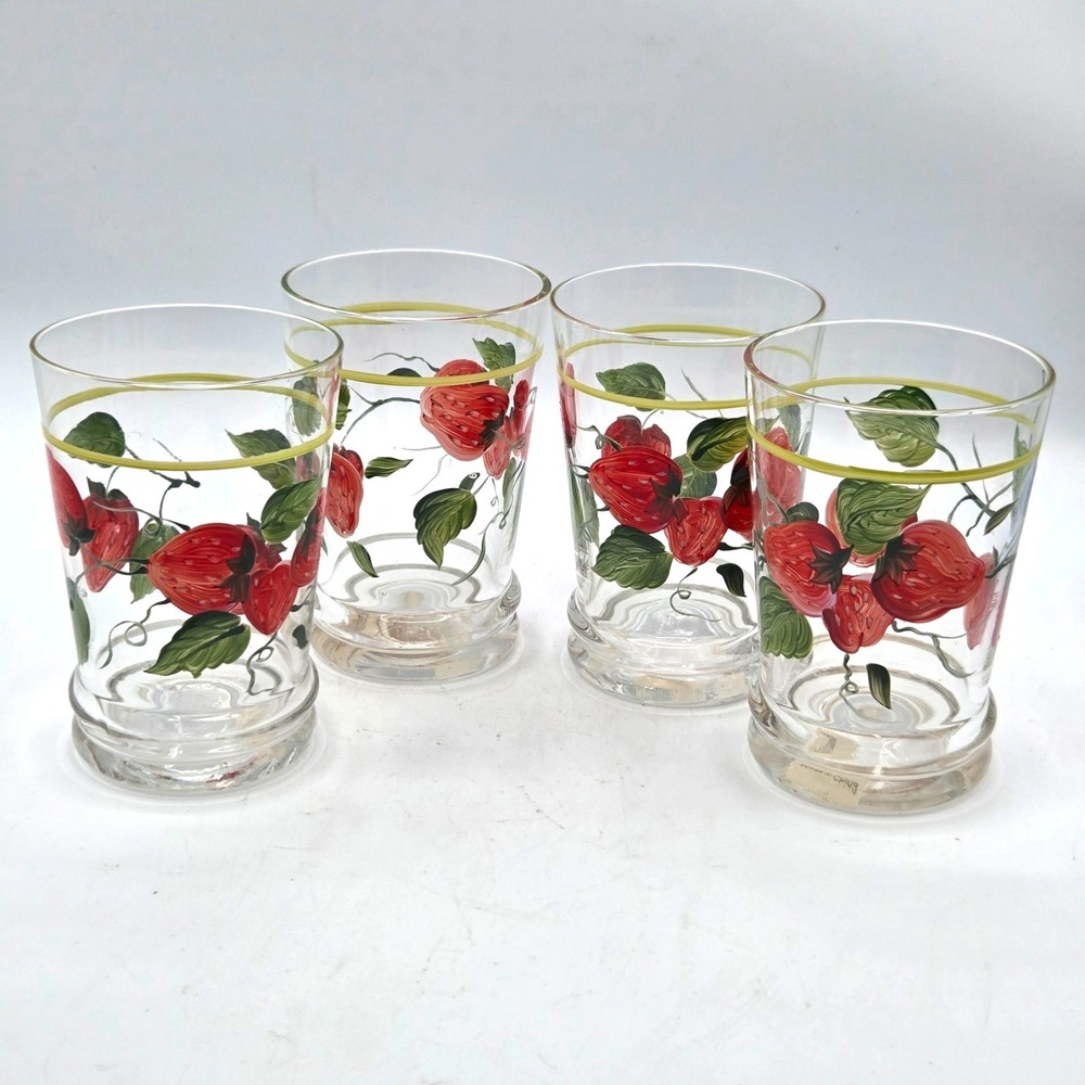 SET of 4 - Libbey Vintage Glasses Red Strawberry Cottage Core - 5" Tall 16oz